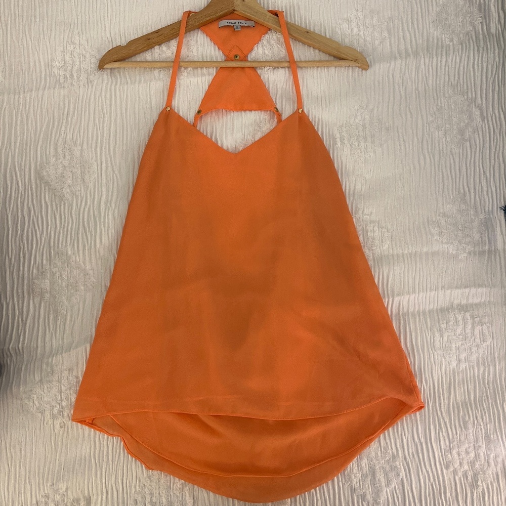Sheer orange tank with cutout details and long back